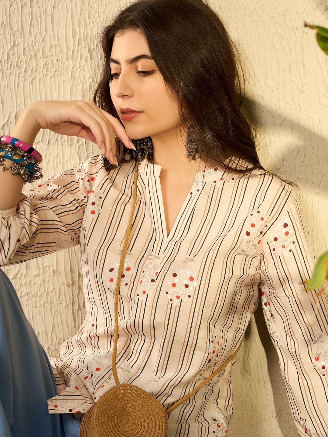

AHIKA Floral Striped Mandarin Collar Top, Peach