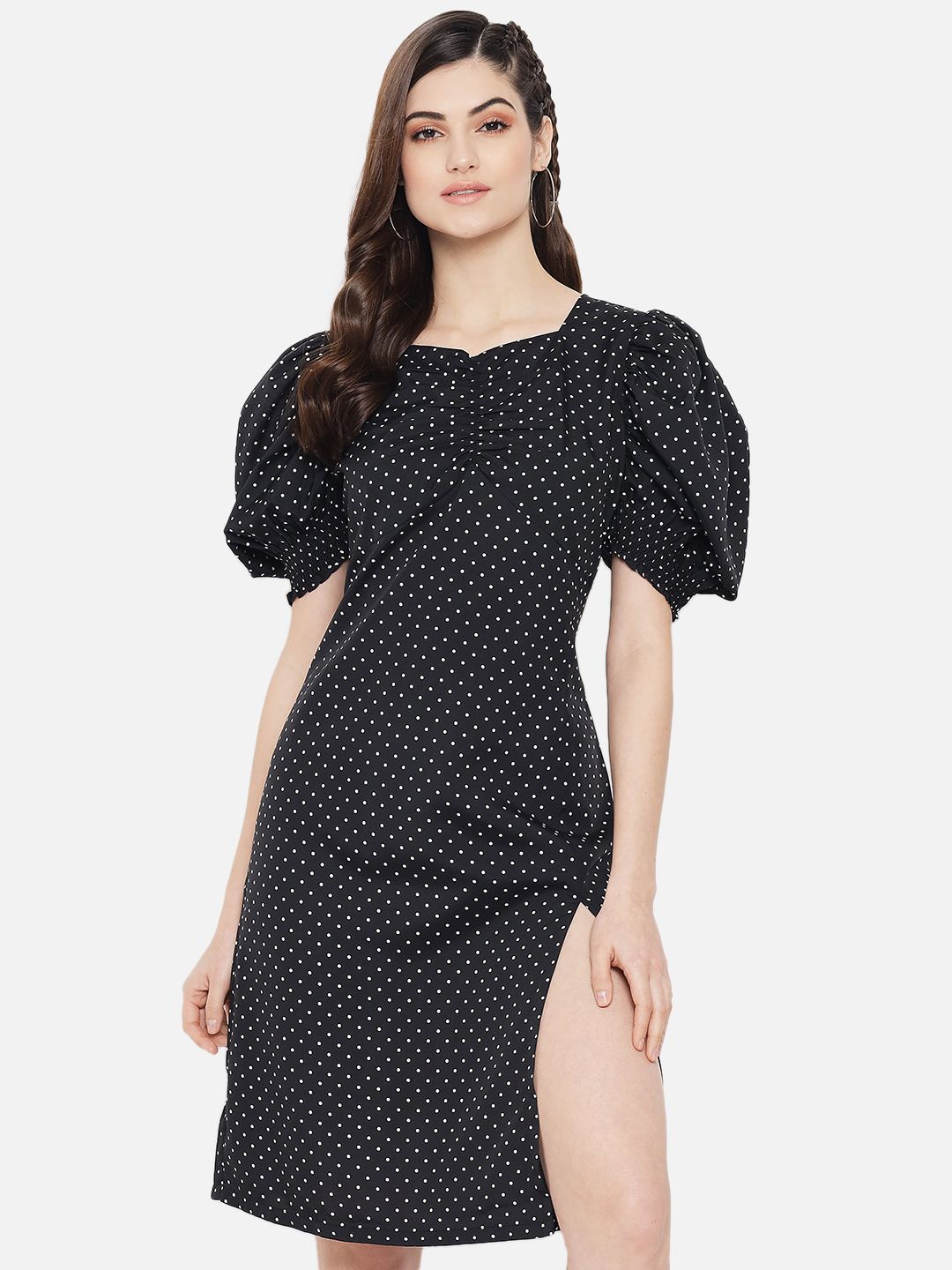 

Yaadleen Women Polka Dot Printed Puff Sleeve Georgette Sheath Knee Length Dress, Black