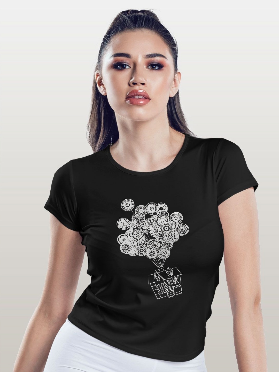 

macmerise Women Printed Applique T-shirt, Black