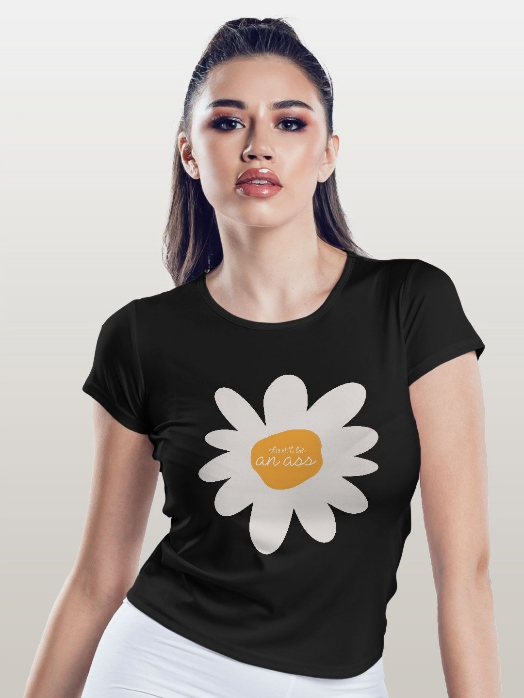 

macmerise Women Printed Applique T-shirt, Black
