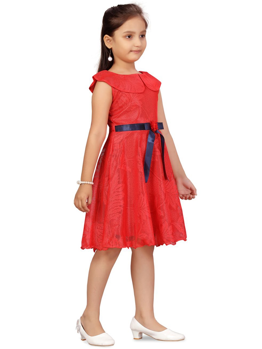 

BAESD Girls Net Cap Sleeve Self Design Fit & Flare Dress, Red