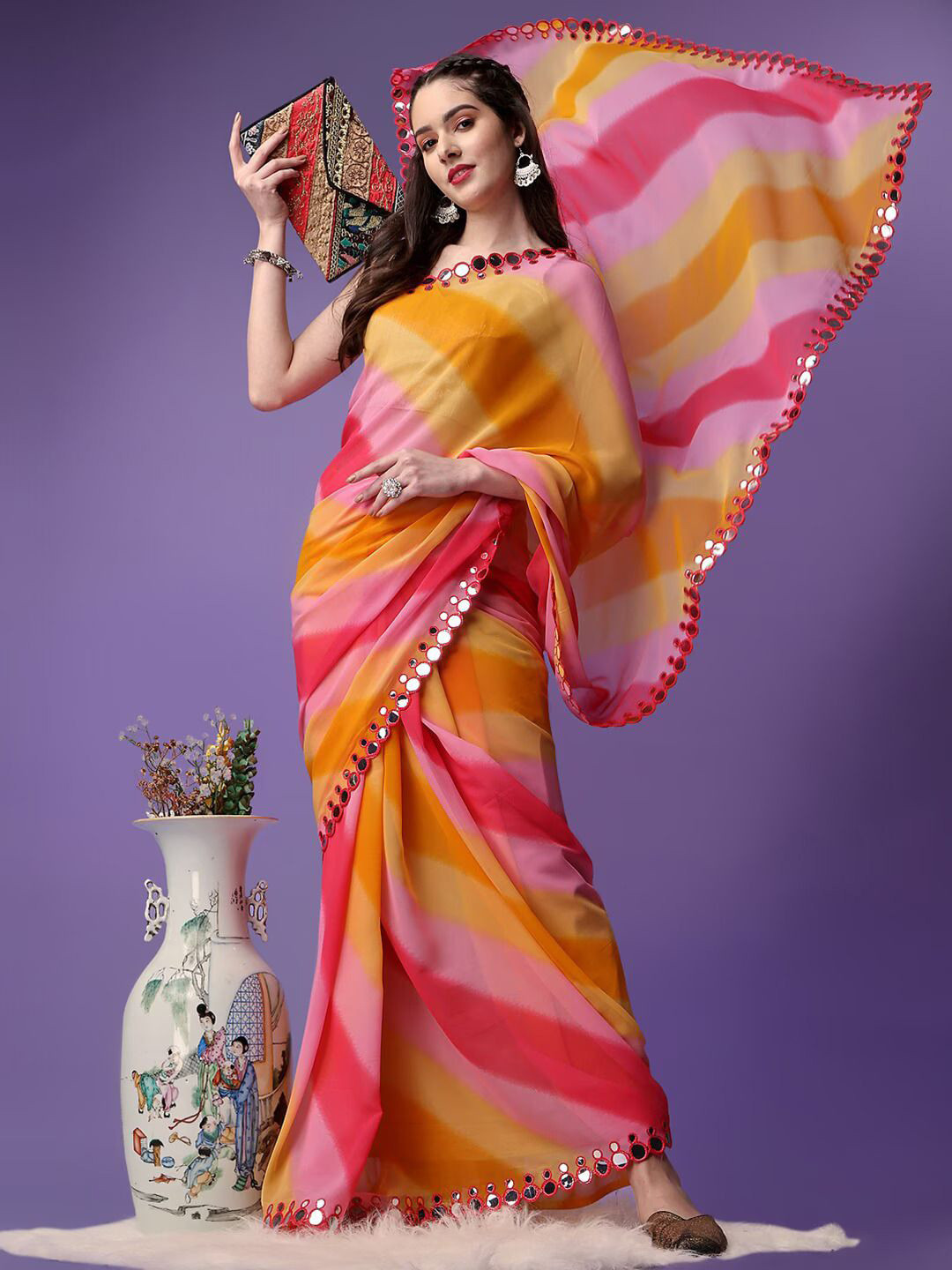 

QVAZOR Striped Mirror Work Pure Georgette Saree, Yellow