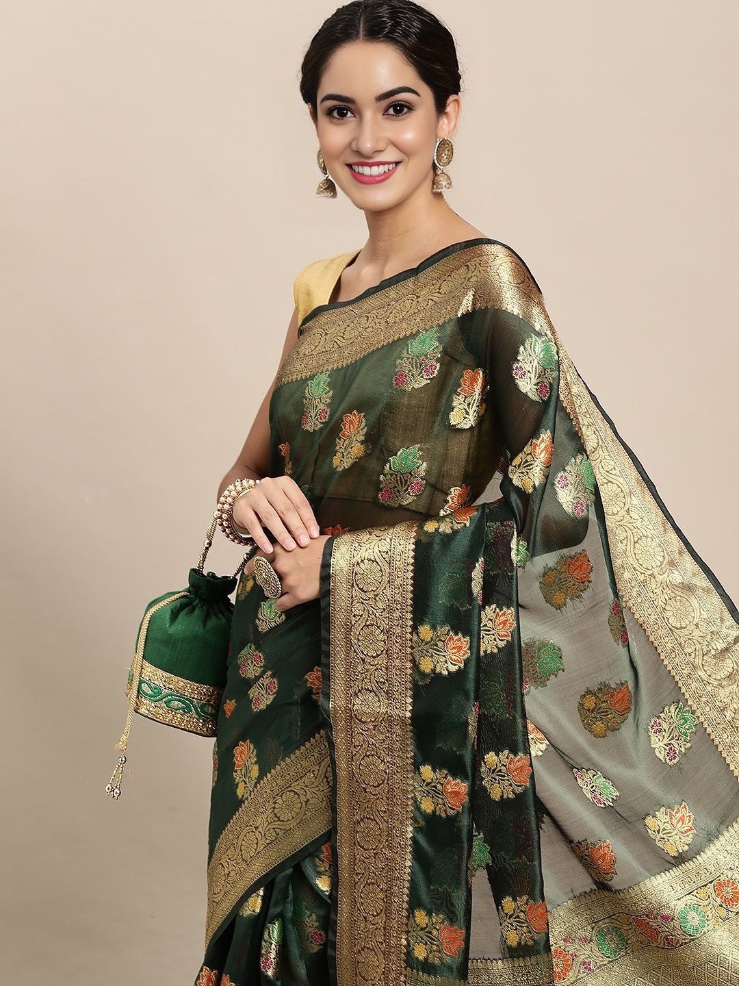 

KALINI Ethnic Motifs Zari Organza Banarasi Saree, Green