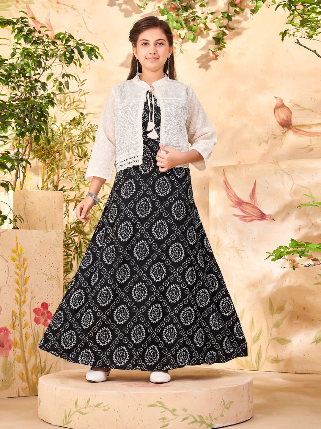 

BAESD Girls Printed Cotton Tie-Up Neck A-line Maxi Dress, Black