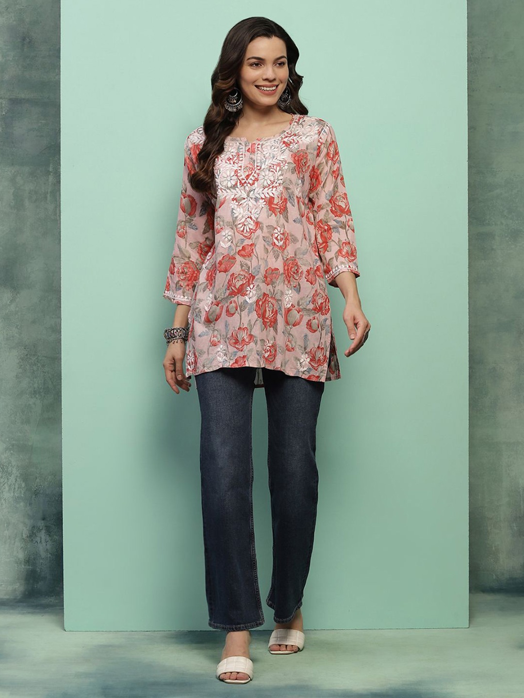 

House of Chikankari Chikankari Printed Short Kurta, Pink