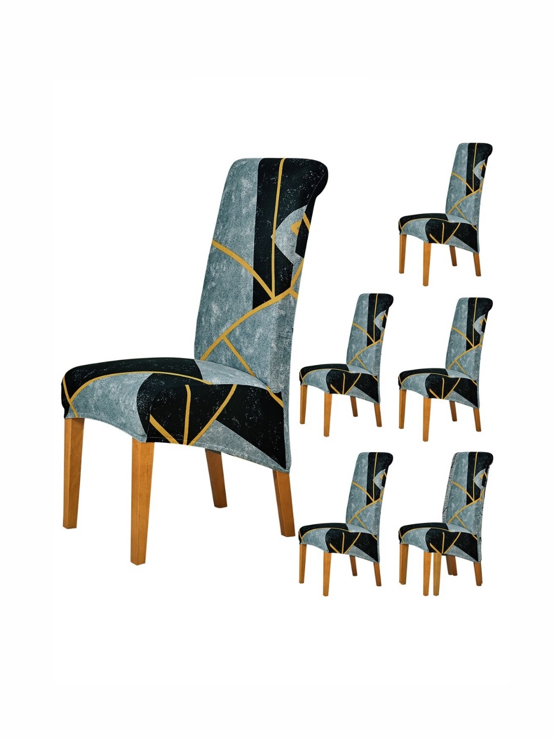 

HOKIPO Grey & Black 6 Pieces Printed 140 GSM Long Back Dining Chair Covers