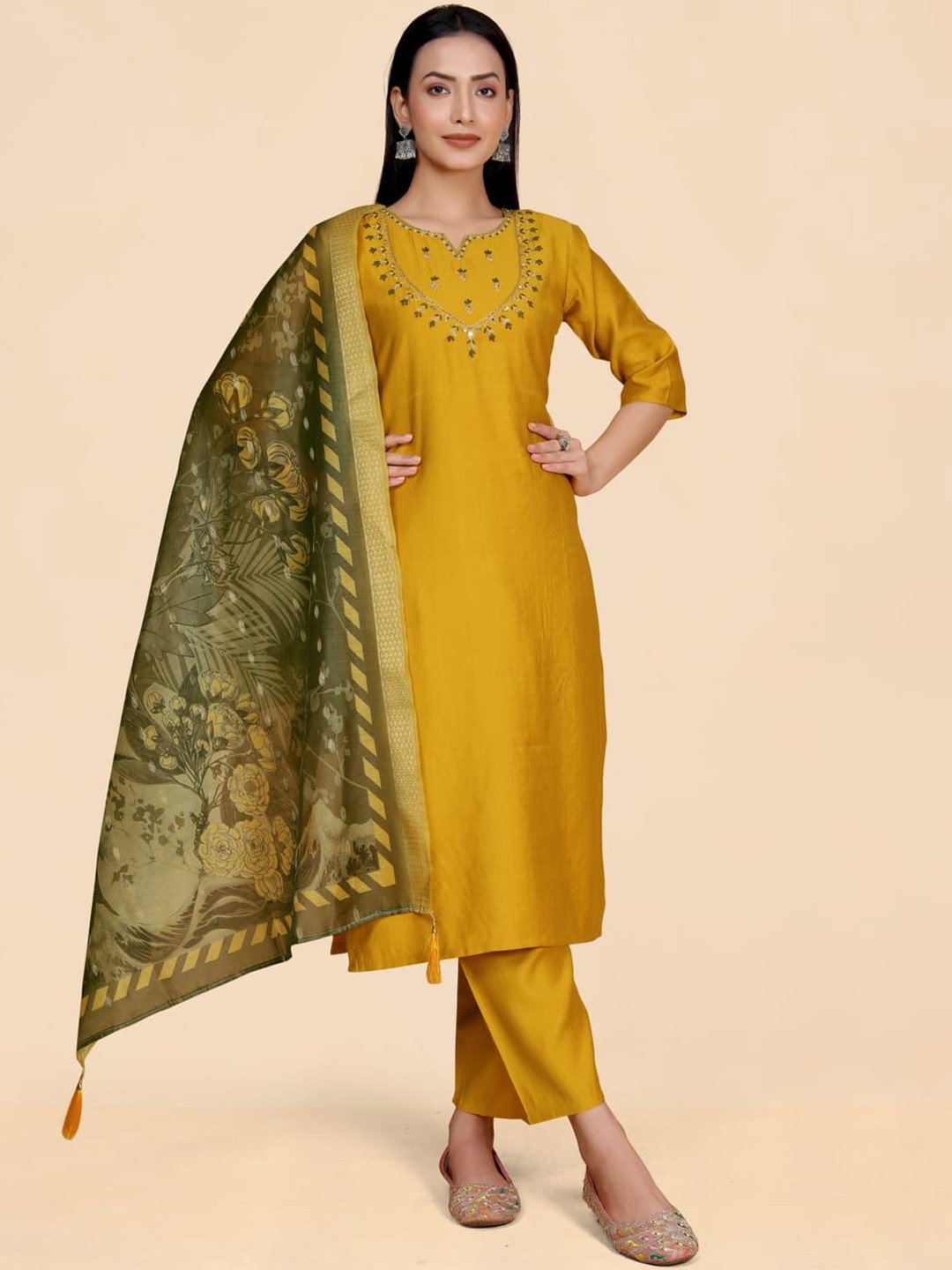 

Suha Floral Yoke Design Notch Neck Straight Kurta & Palazzos With Dupatta, Gold