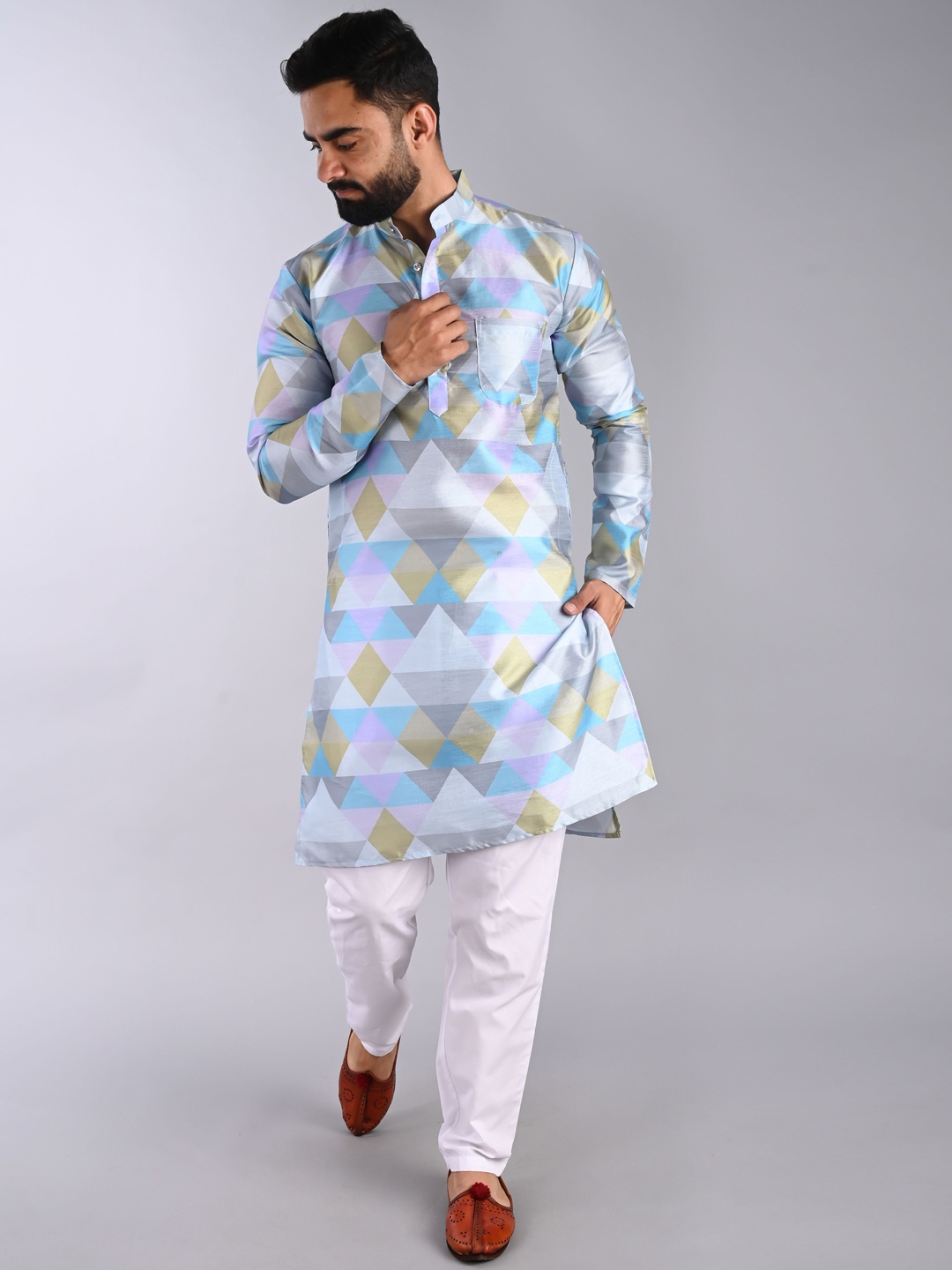 

FUBAR Geometric Printed Mandarin Collar Pure Cotton Straight Kurta, Blue