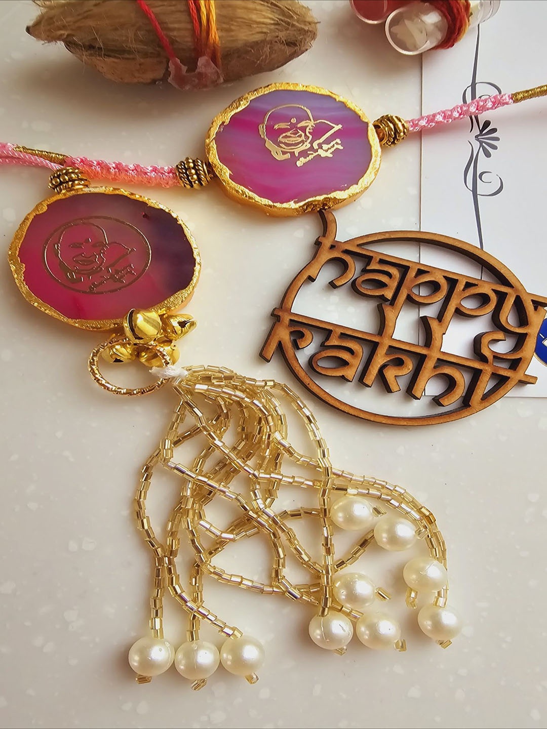 

HOMEARTE Textured Agate Stone Bhaiya Bhabhi Thread Rakhi, Pink