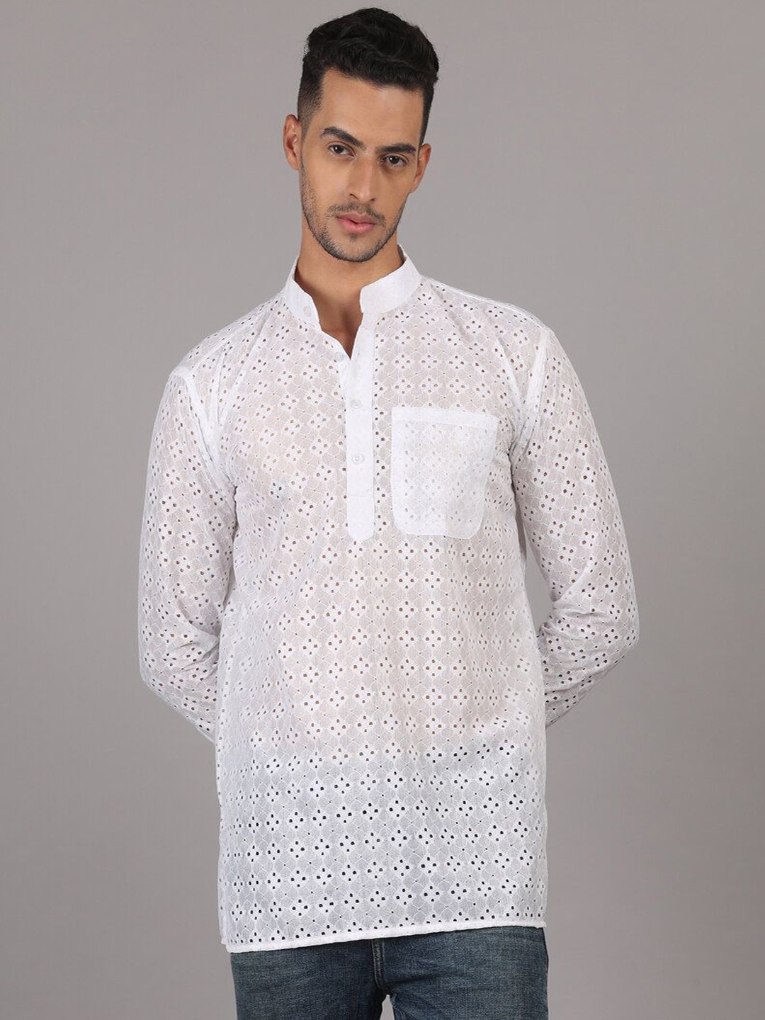 

RIAG Geometric Woven Design Crochet Mandarin Collar Sheers Short Straight Kurta, White