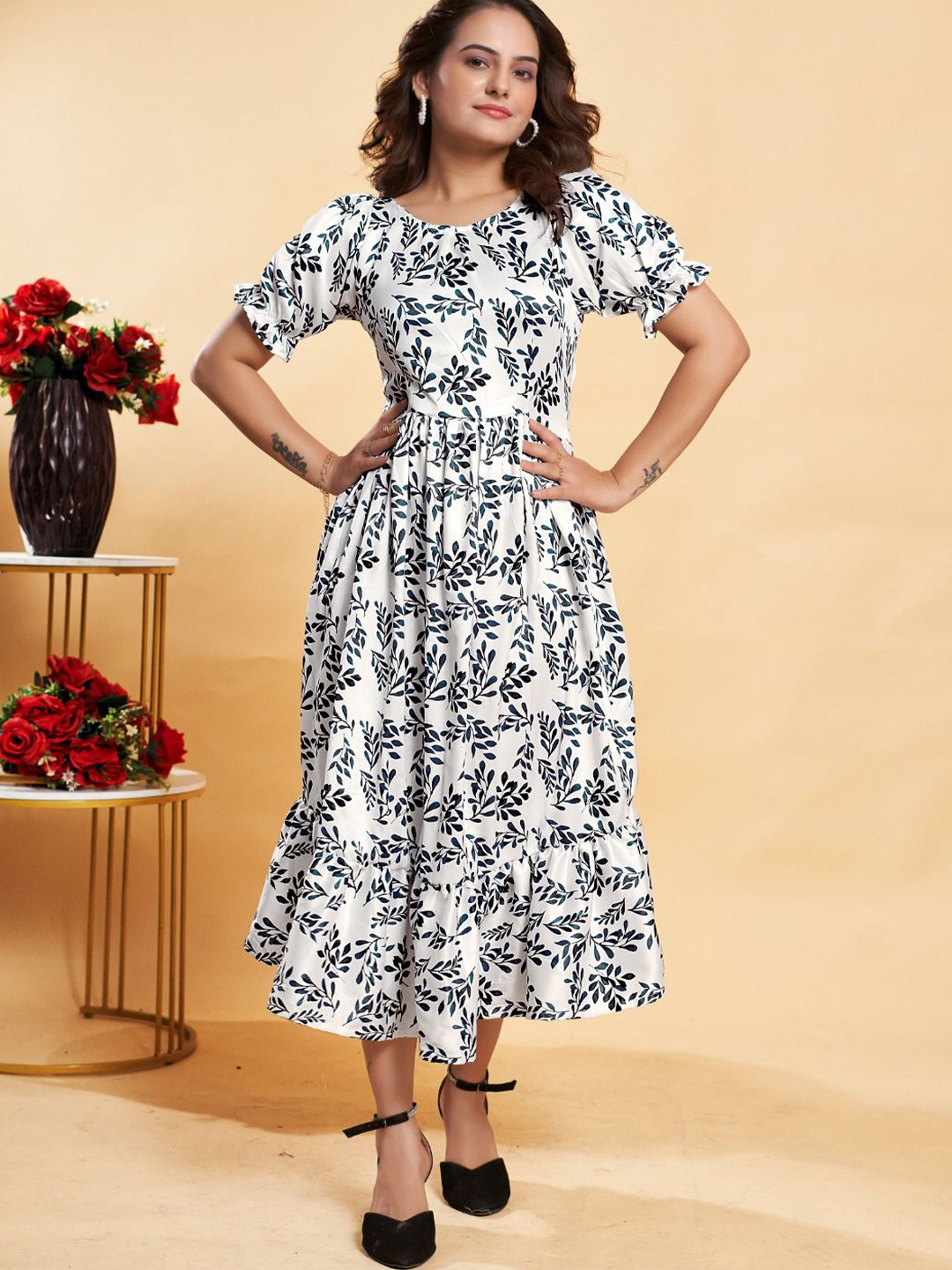 

ANAMSA Fit & Flare Floral Midi Dress, White