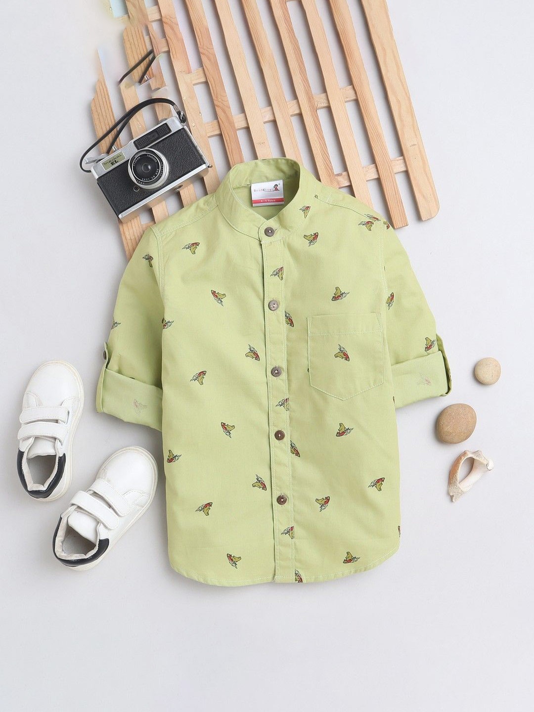 

BAATCHEET Boys Band Collar Conversational Printed Cotton Casual Shirt, Green
