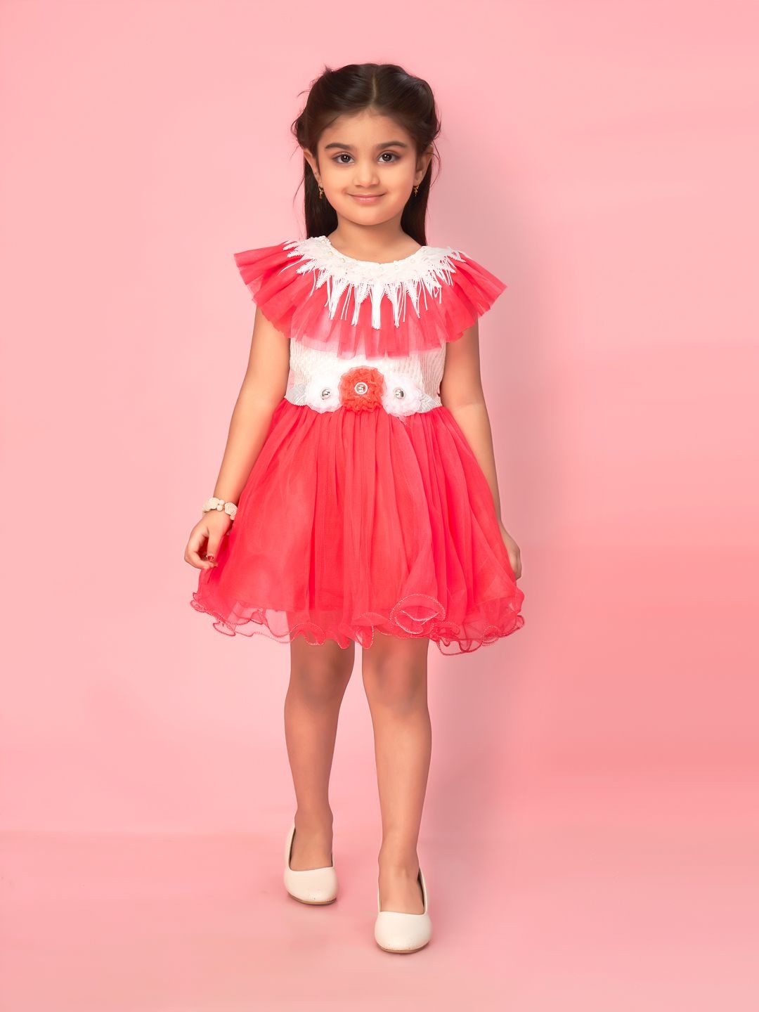 

BAESD Girls Round Neck Sleeveless Applique Net Fit & Flare Dress, Red