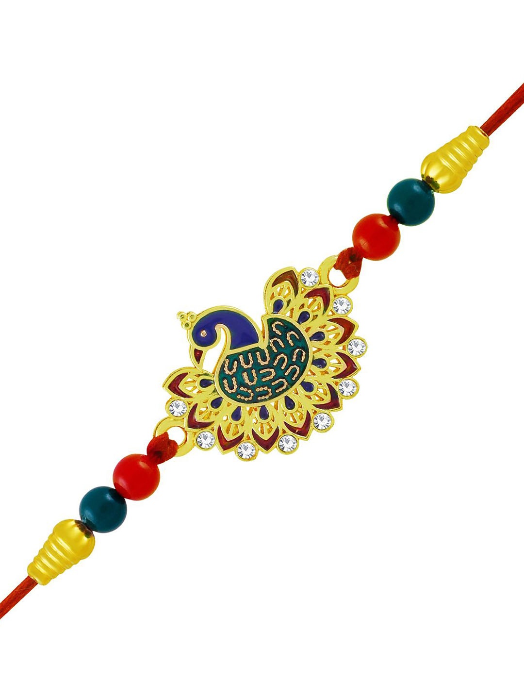 

Okos Gold Plated Peacock Meenakari and Beads Thread Rakhi