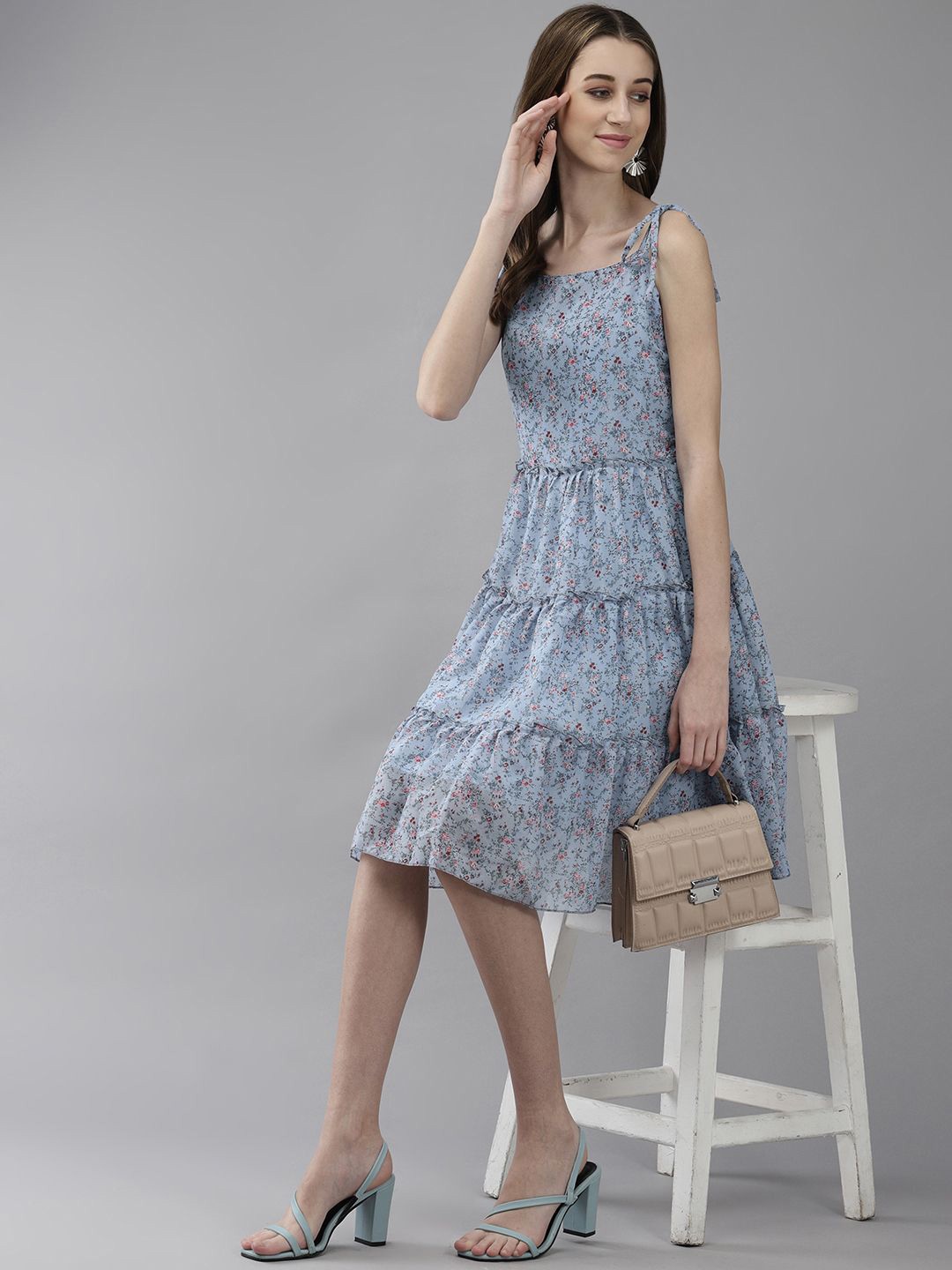 

BAESD Floral Printed Georgette A-Line Dress, Blue