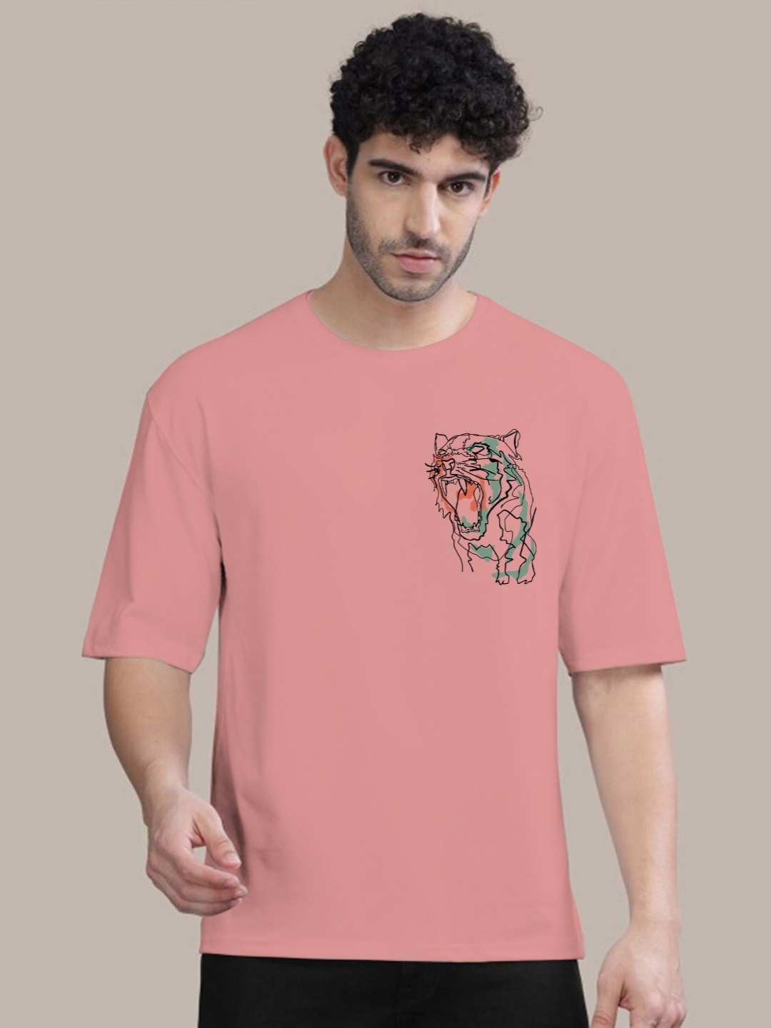 

AUSK Men Graphic Printed Round Neck Cotton Oversized T-shirt, Peach
