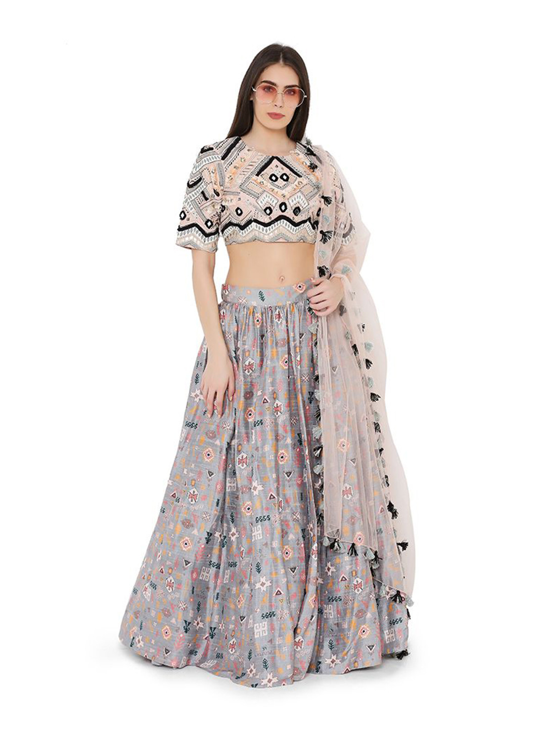 

Payal Singhal Embroidered Thread Work Ready to Wear Lehenga & Blouse With Dupatta, Grey