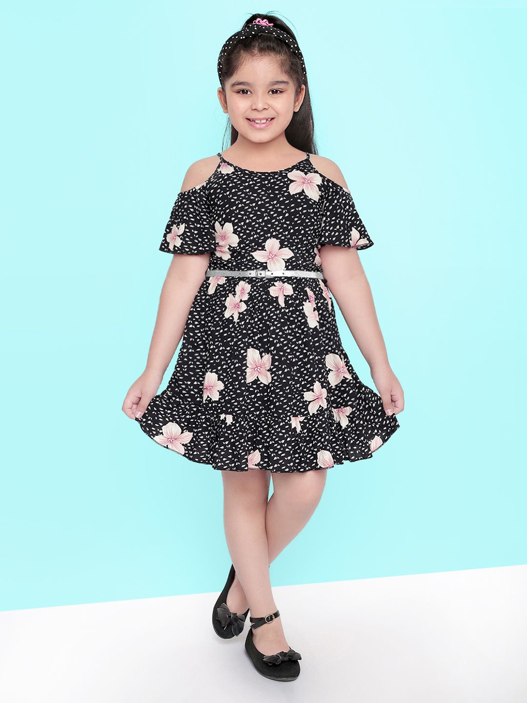

Naughty Ninos Girls Floral Printed Cold-Shoulder Fit & Flare Dress, Black
