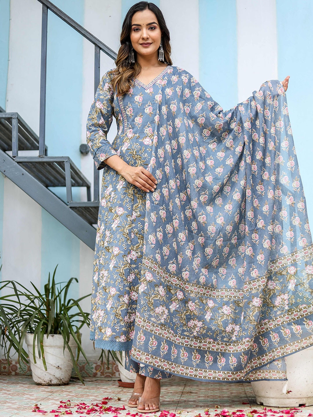 

Chandbaali Floral Printed V-Neck Pure Cotton Anarkali Kurta With Trousers & Dupatta, Blue