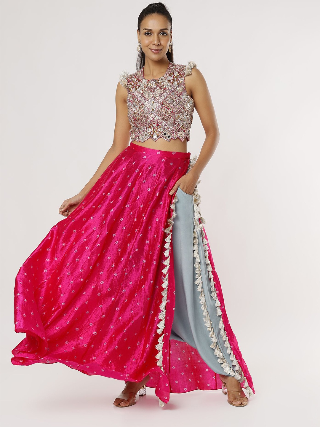 

Payal Singhal Embellished Georgette Choli & Low Crotch Pant With Attached Skirt, Pink