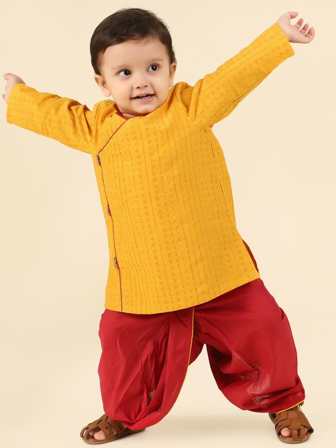 

Fabindia Infant Boys Geometric Embroidered Angrakha Pure Cotton Kurta with Dhoti Pants, Yellow