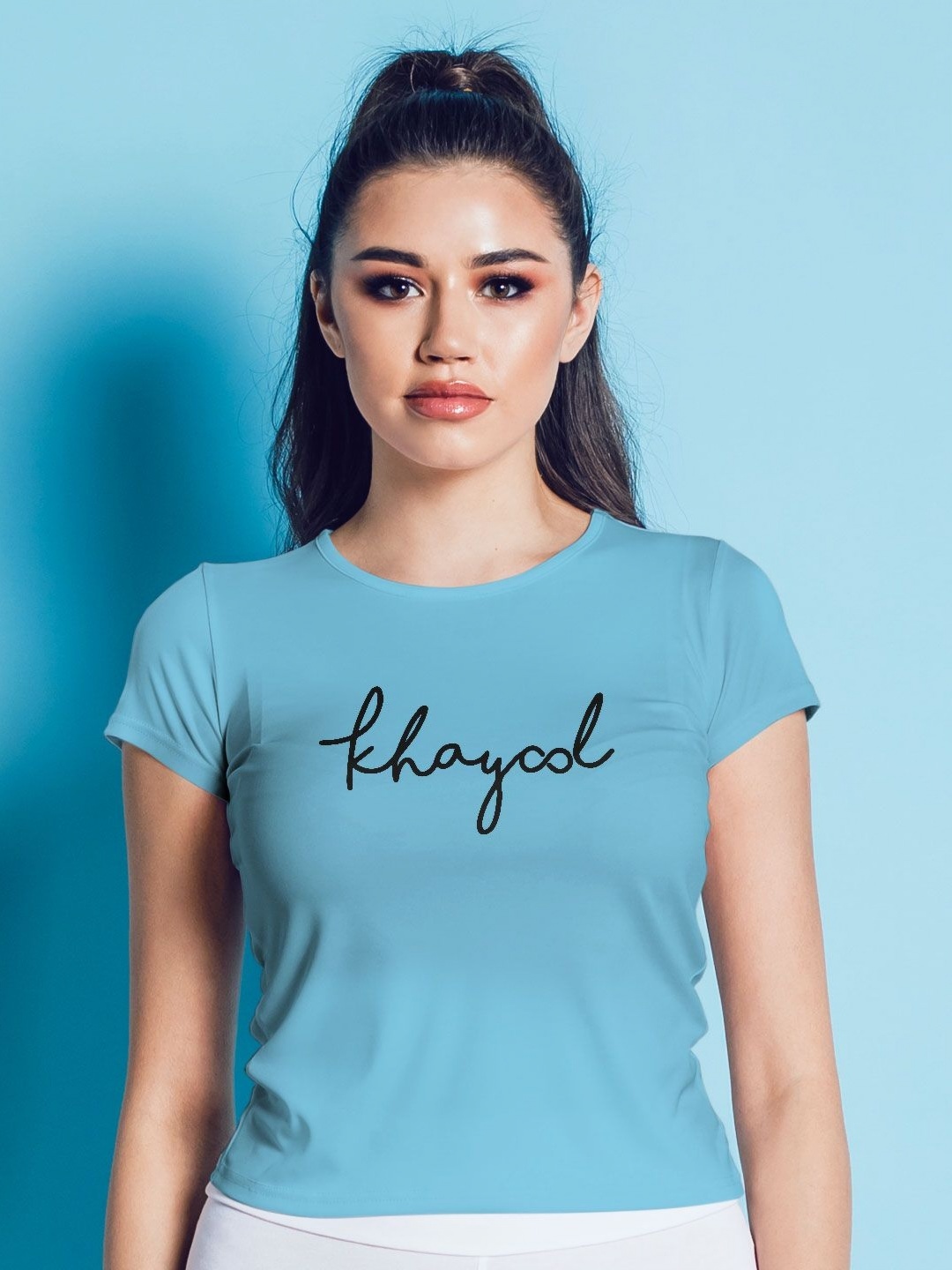 

macmerise Women Typography Printed Applique T-shirt, Blue