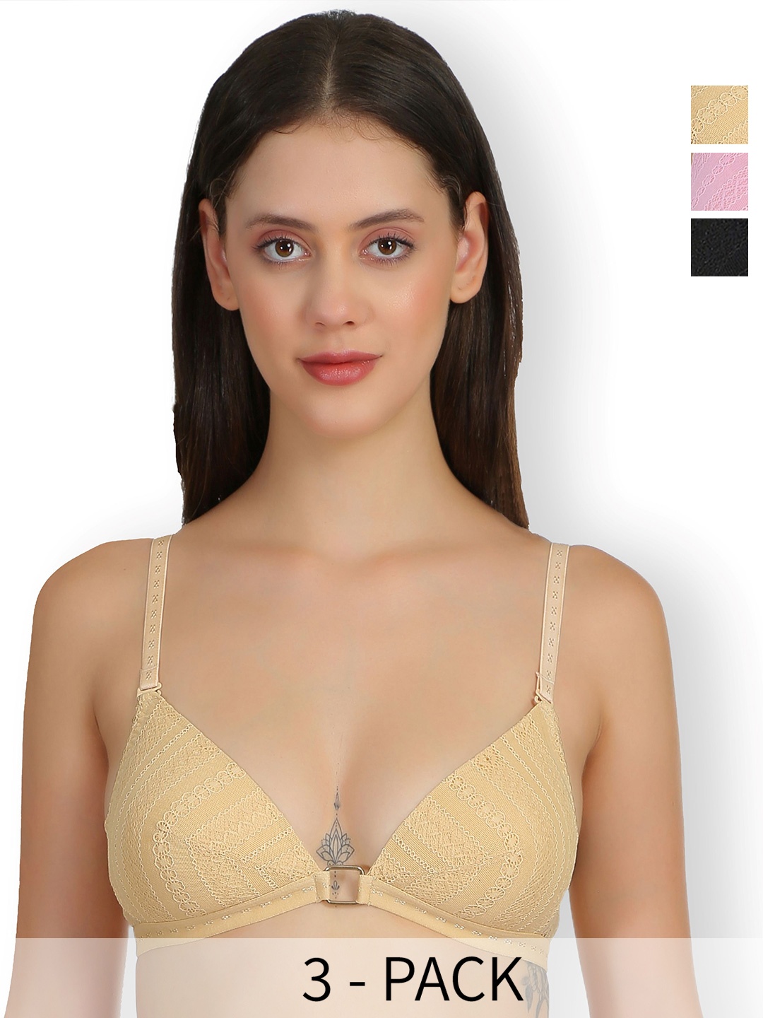 

SELFCARE Pack Of 3 Half Coverage Cut and Sew Non-Wired Lightly Padded Plunge Bra, Black