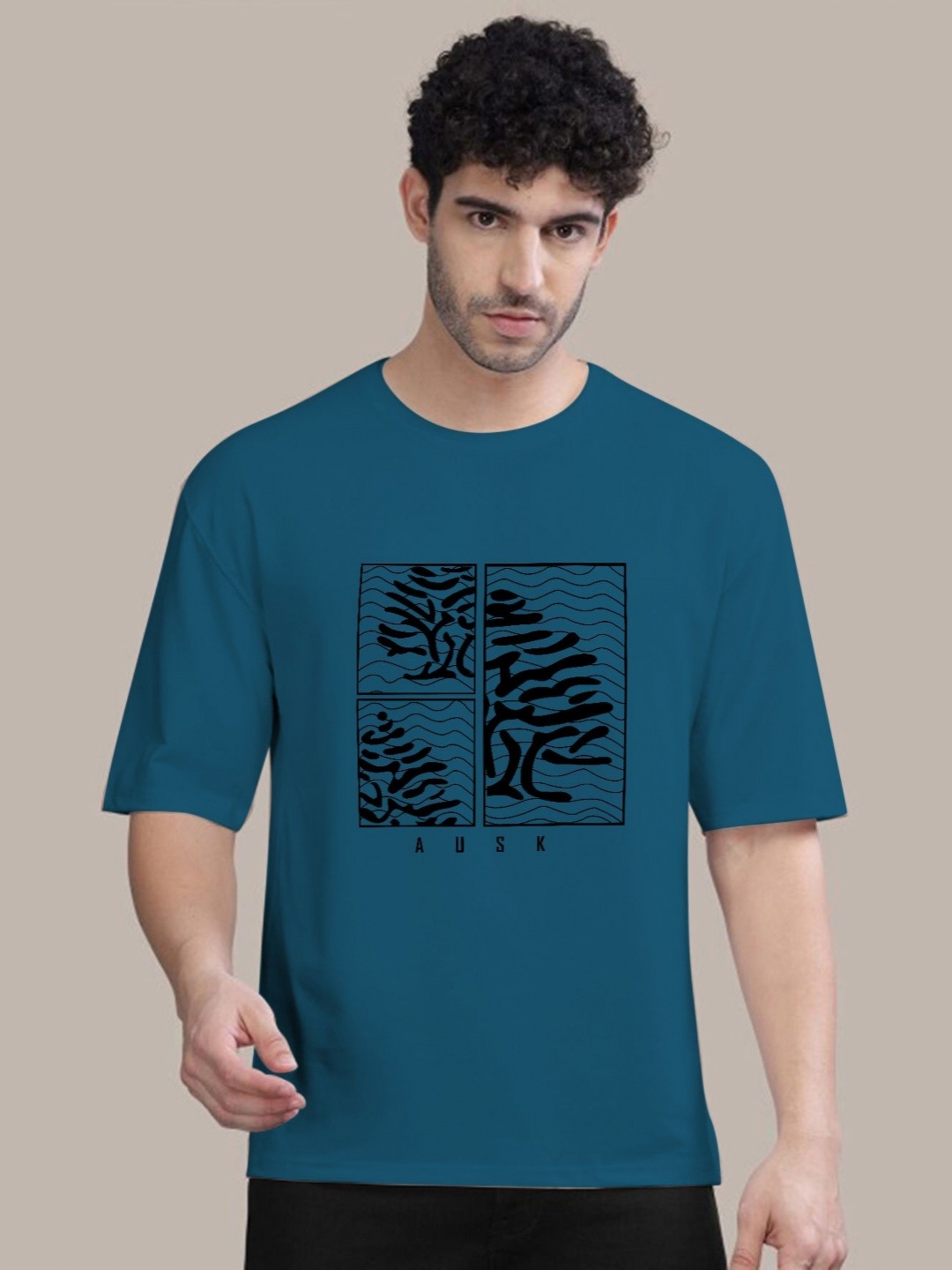 

AUSK Men Graphic Printed Round Neck Cotton Oversized T-shirt, Teal