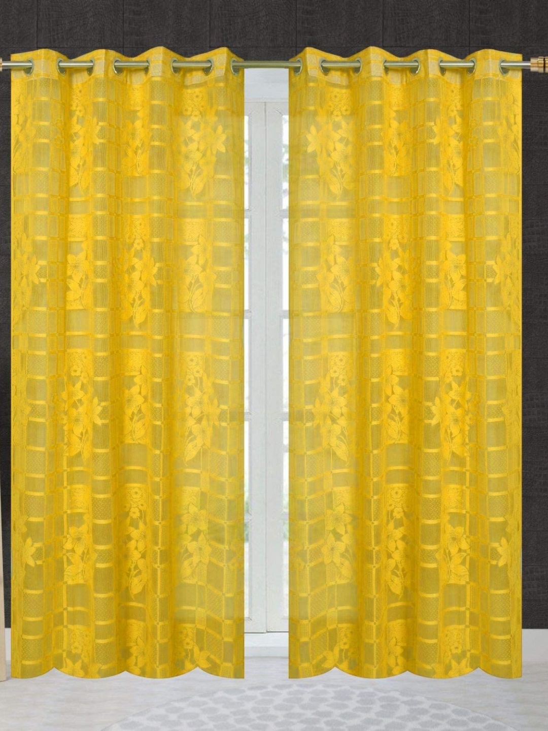 

JARS Collections Yellow 2 Pieces Floral Sheer Window Curtains