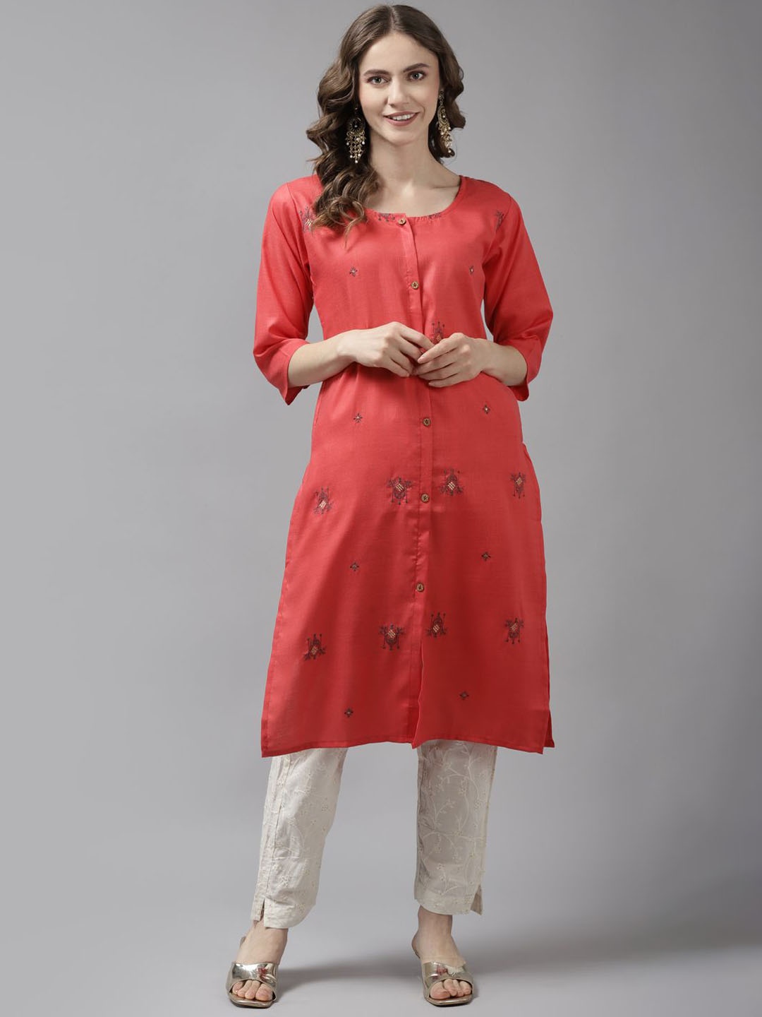 

BAESD Floral Embroidered Thread Work Cotton Straight Kurta, Red