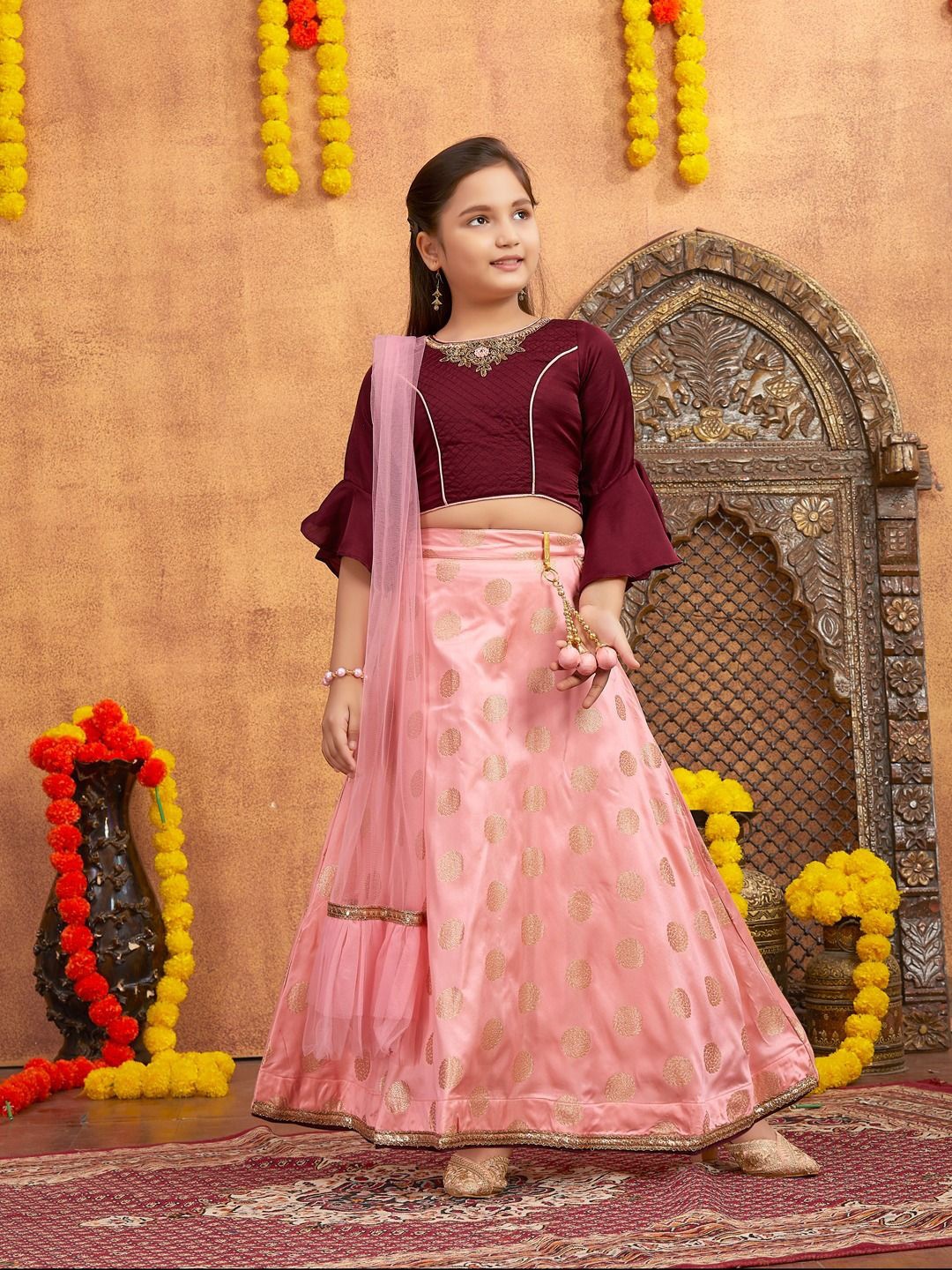 

BAESD Girls Embroidered Beads and Stones Bell Sleeves Ready to Wear Lehenga Choli, Burgundy