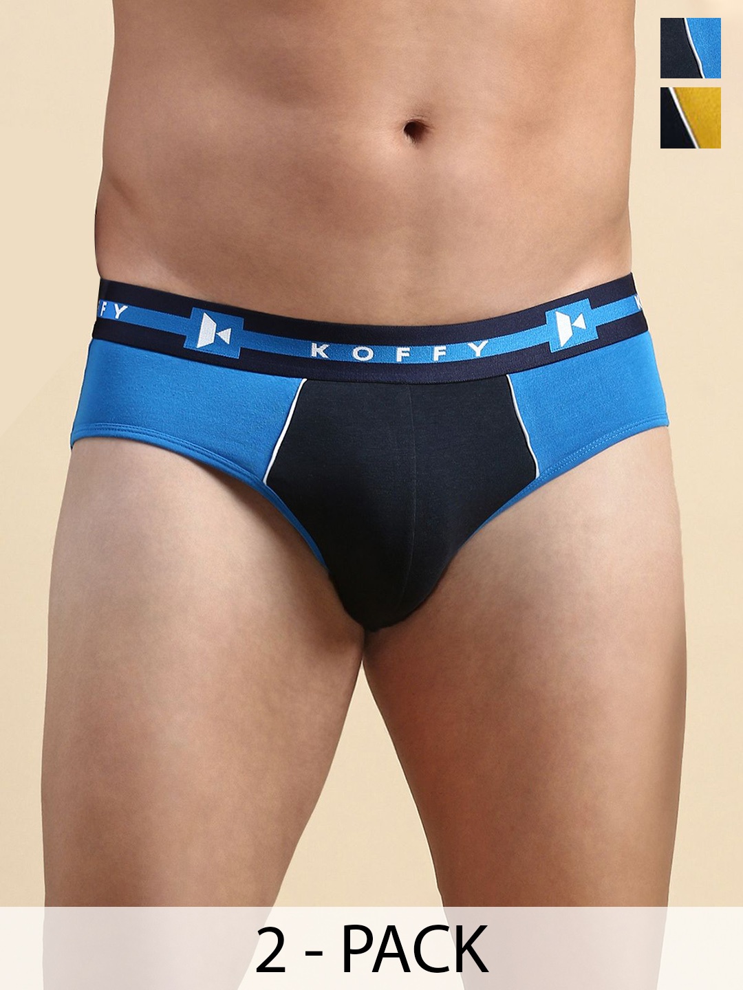

KOFFY Pack Of 2 Men Colorblocked Cotton Basic Briefs KOFFY_KI29_YLW_RBLU_2PC, Yellow