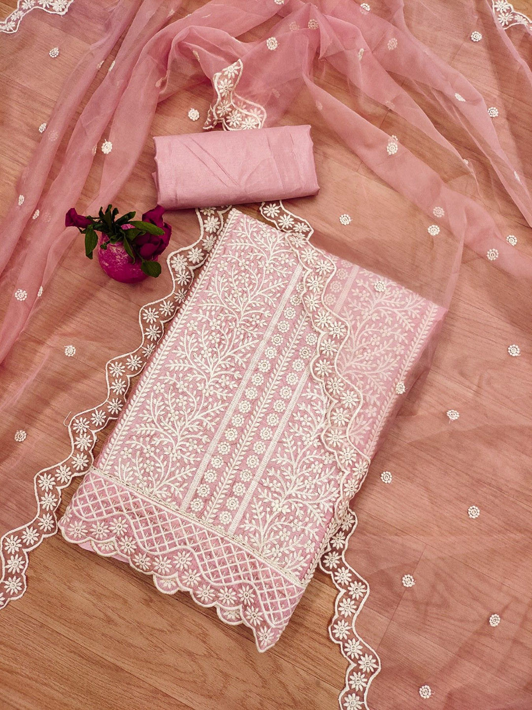 

Panzora Floral Embroidered Unstitched Dress Material, Pink