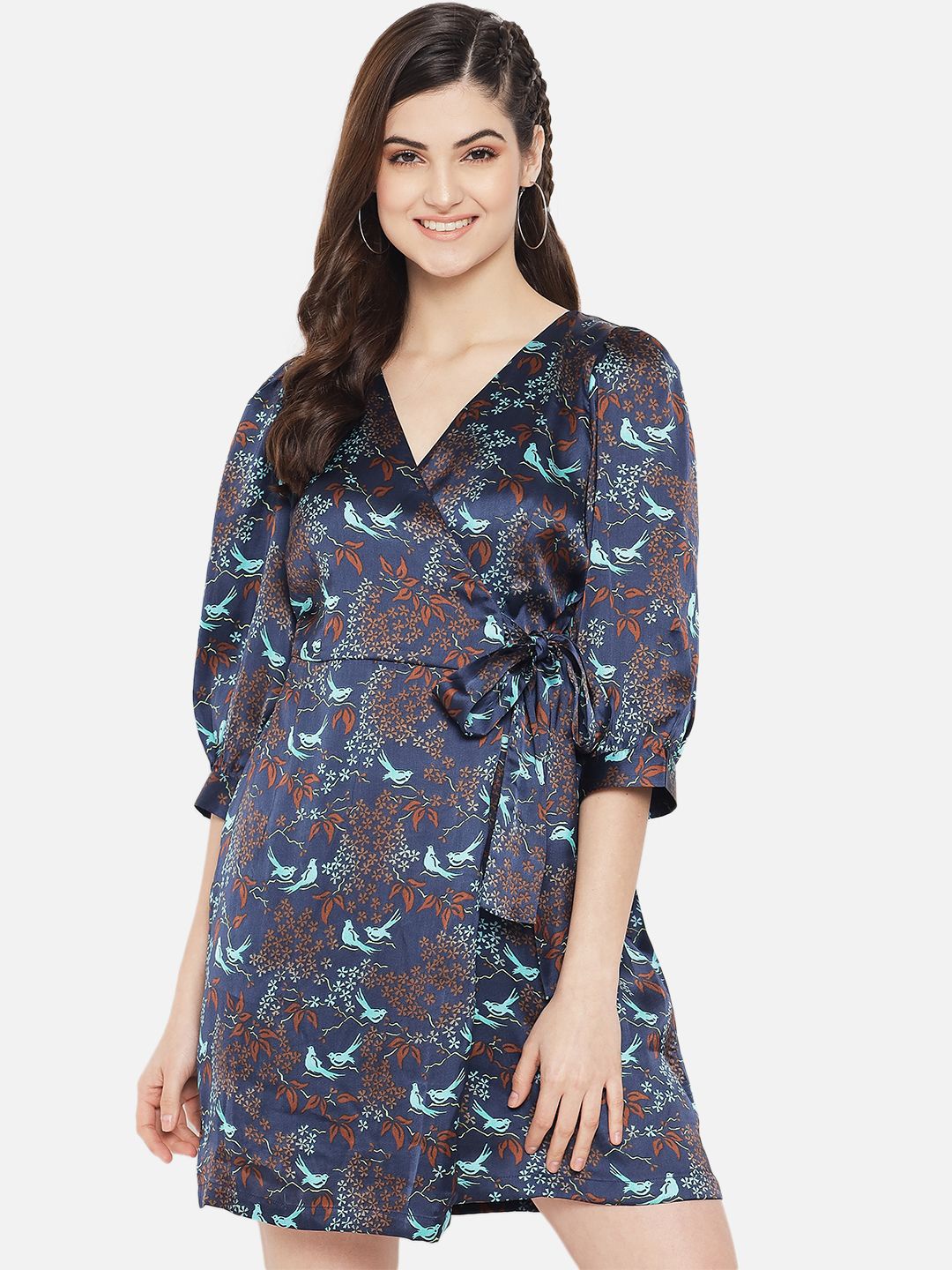 

Yaadleen Floral Printed Puff Sleeves Wrap Dress, Navy blue