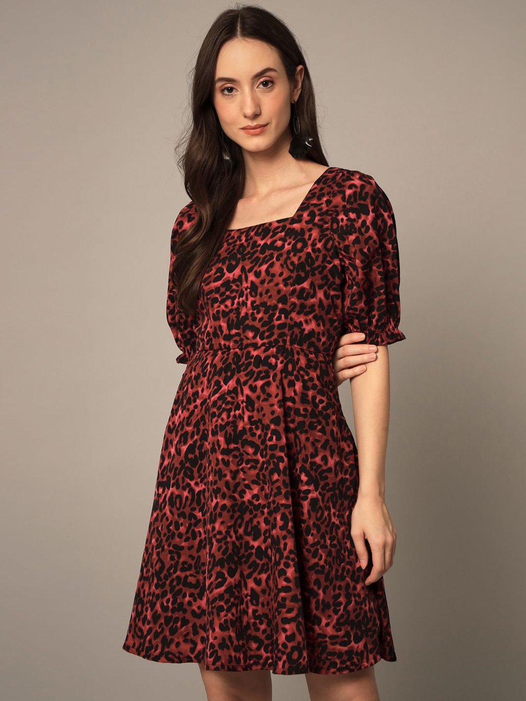 

Yaadleen Floral Printed Puff Sleeves Fit & Flare Dress, Black