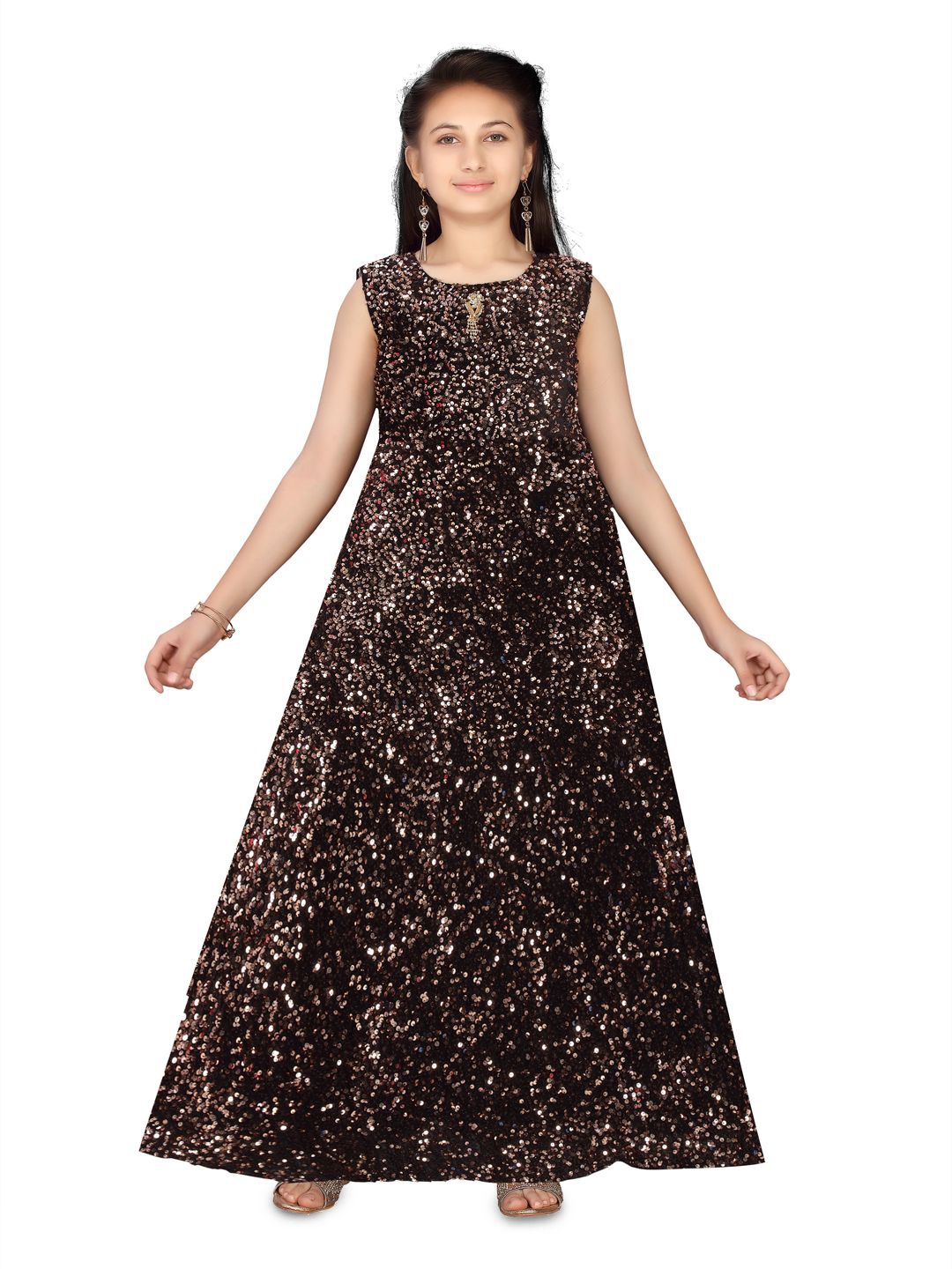 

BAESD Girls Embellished Sequined Velvet Gown Maxi Dress, Brown