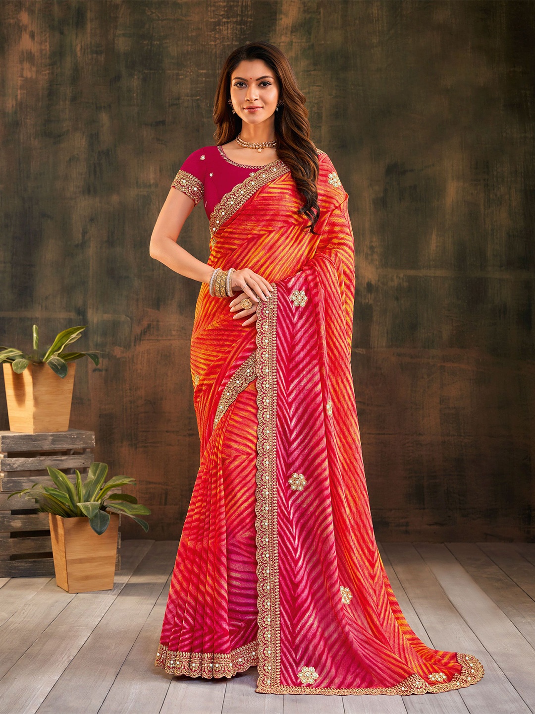 

Laxmipati Striped Sequinned Saree, Orange