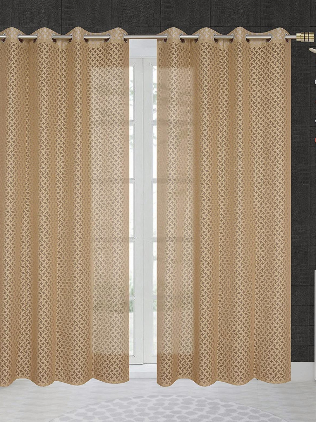 

JARS Collections Brown 2 Pieces Geometric Net Semi Sheer Door Curtains