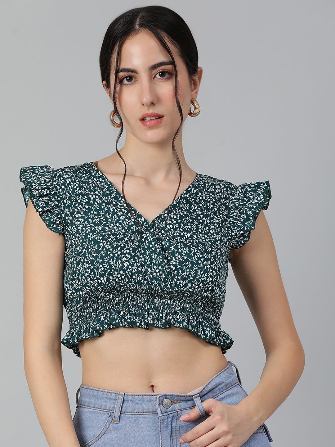 

Kotty Floral Print Flutter Sleeve Crepe Crop Top, Multi