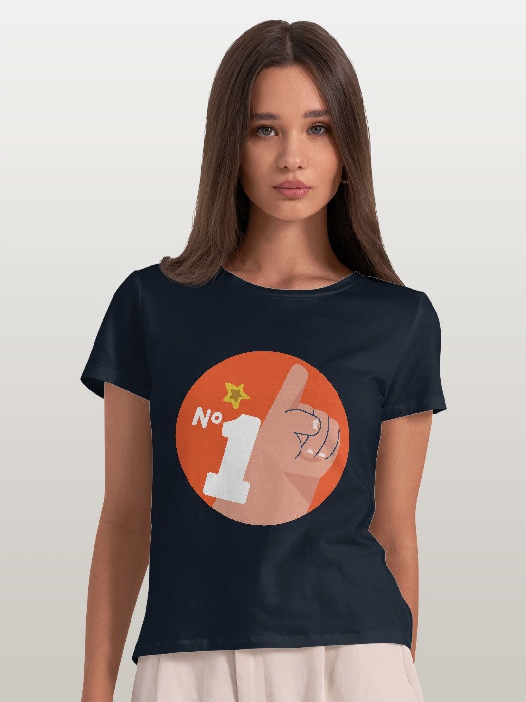 

macmerise Women Applique T-shirt, Navy blue