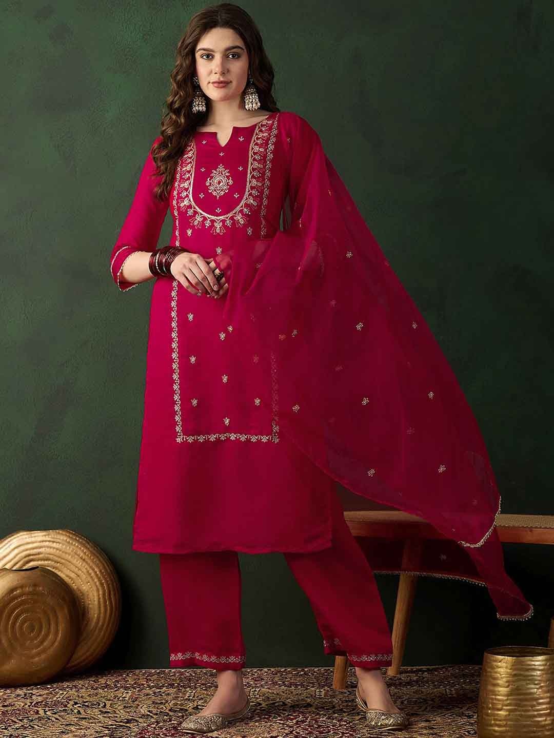 

Sangria Red Floral Embroidered Notch Neck Sequinned Straight Kurta With Trousers & Dupatta