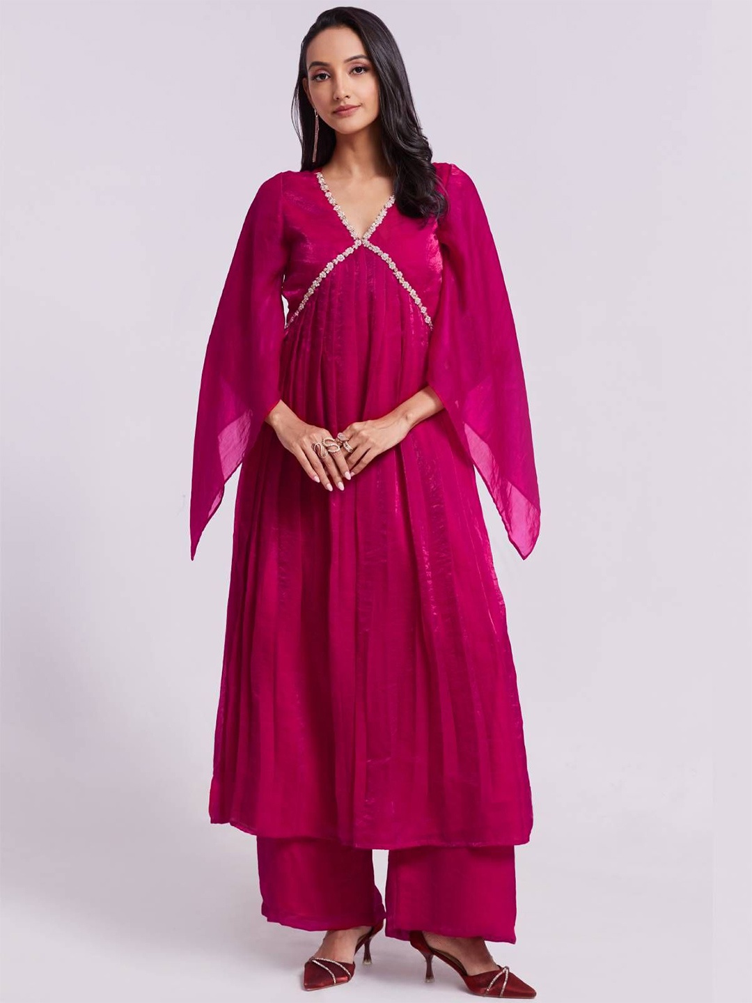 

ODETTE V Neck Flared Sleeves Empire A-Line Kurta With Palazzos, Pink