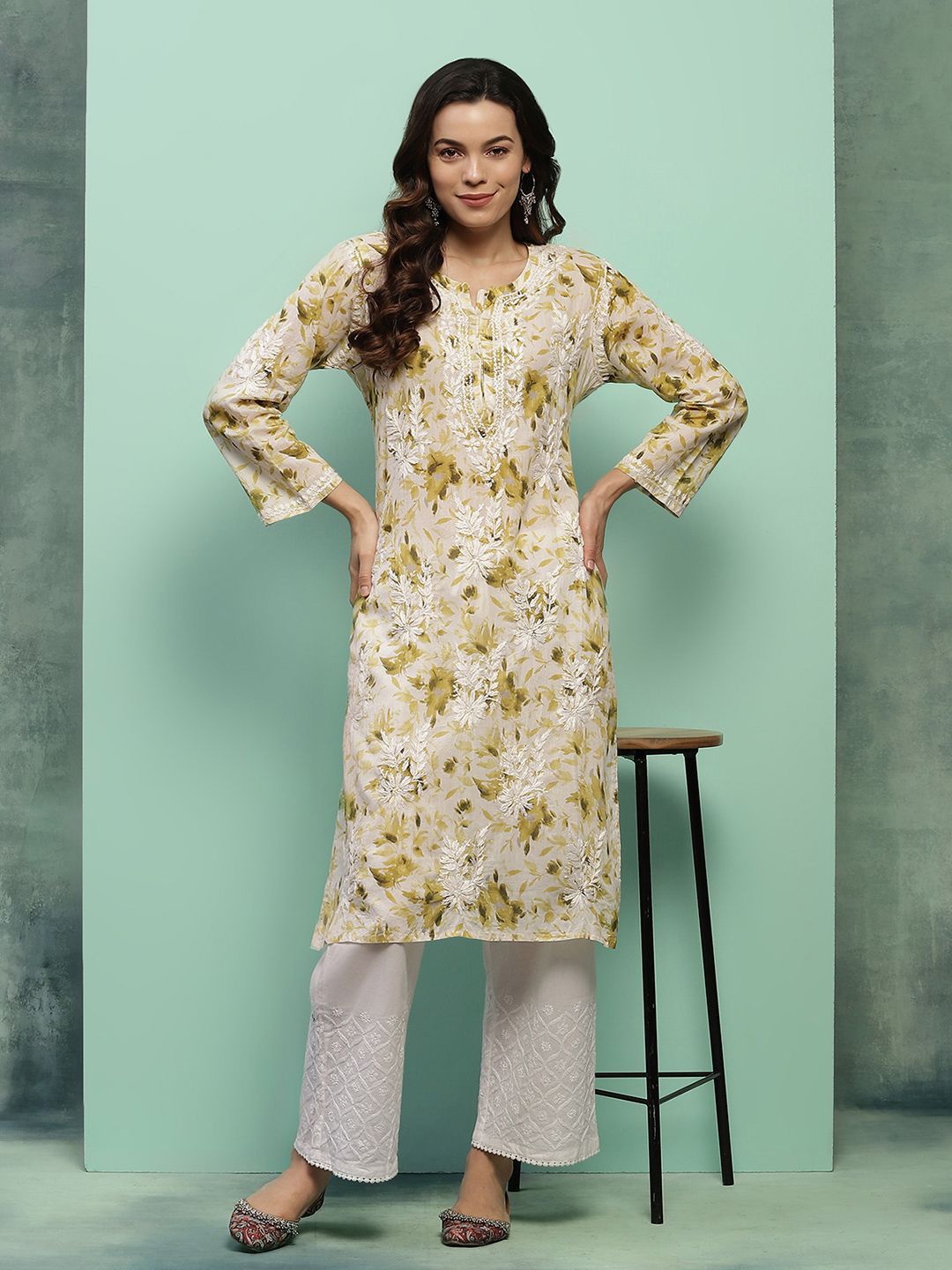 

House of Chikankari Chikankari Printed Kurta, Green