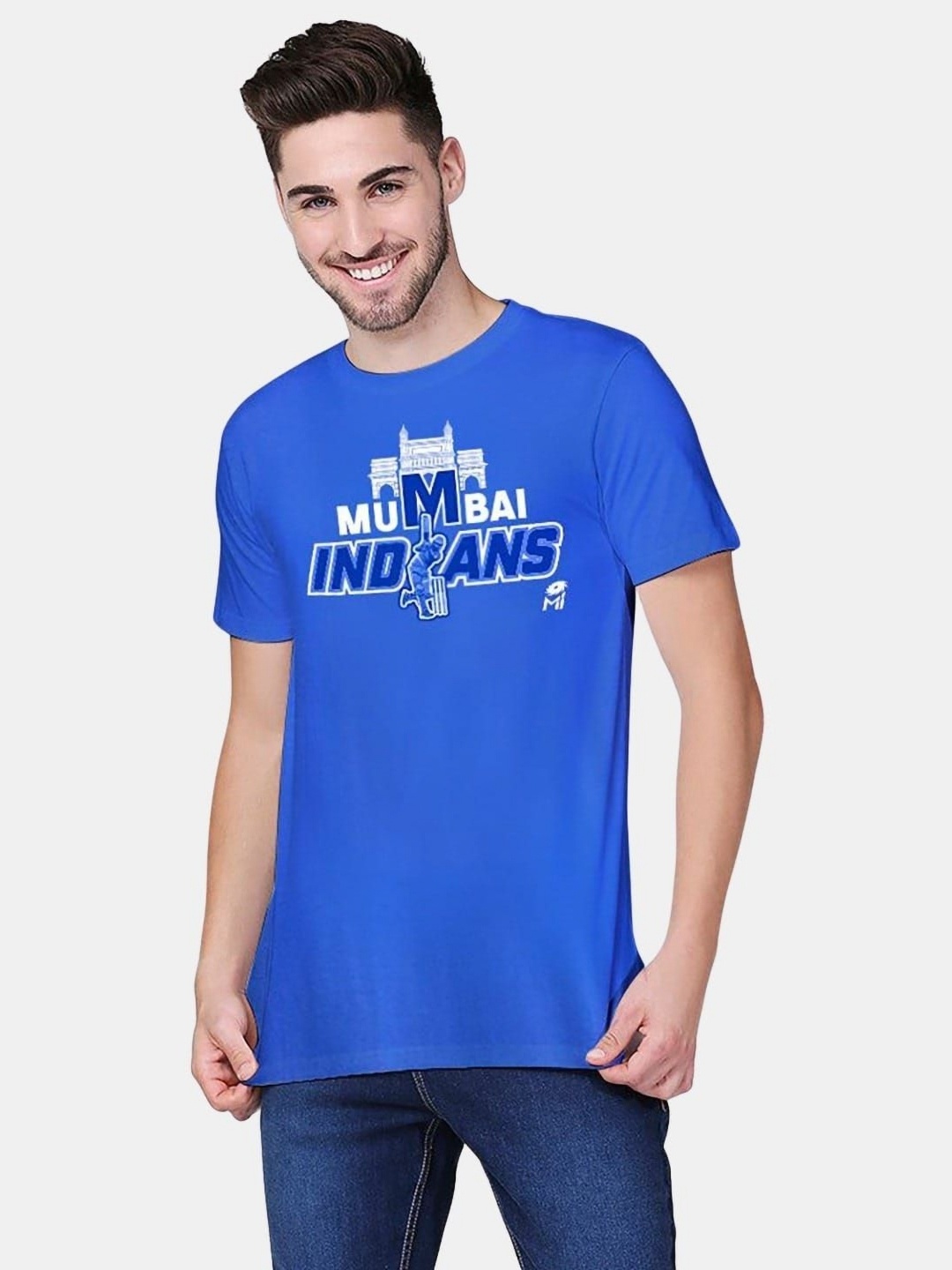 

macmerise Men Typography Printed Applique T-shirt, Blue