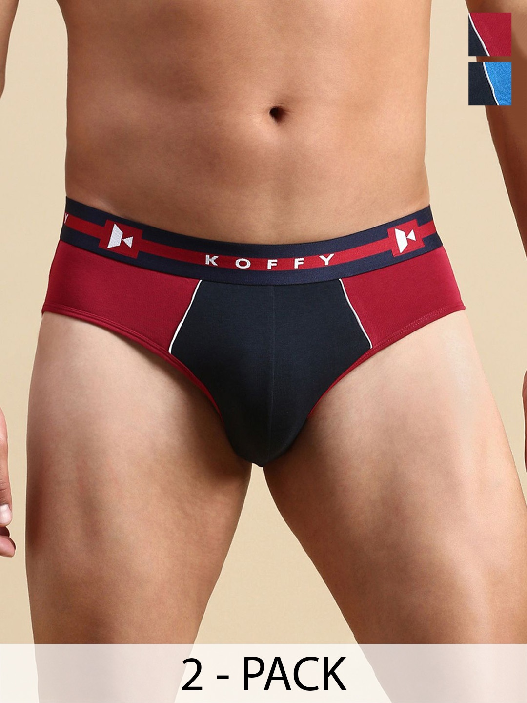 

KOFFY Men Pack Of 2 Colourblocked Cotton Basic Briefs- KOFFY_KI29_MNRD_RBLU_2PC, Maroon