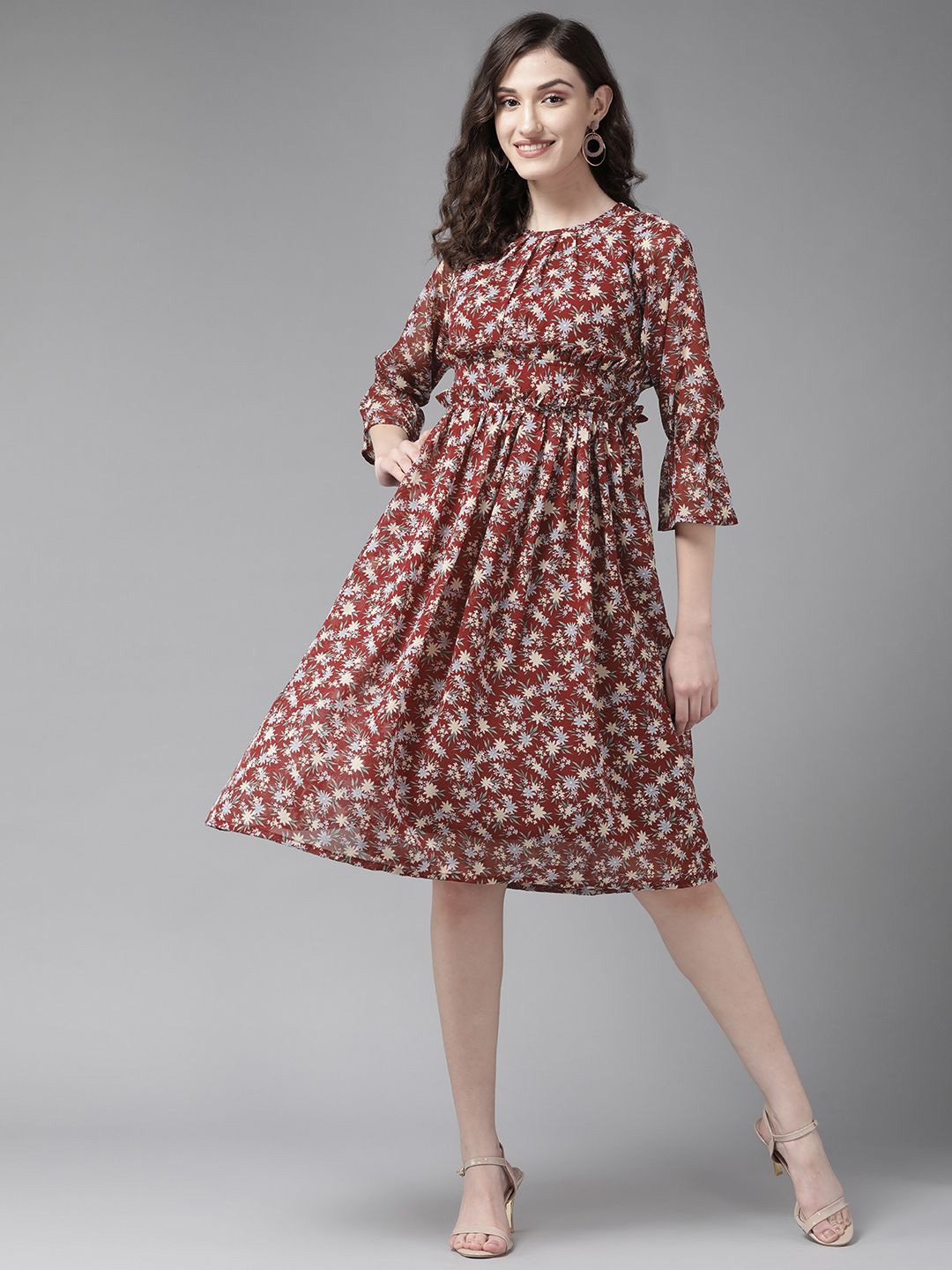 

BAESD Floral Printed Flared Sleeve Georgette Fit and Flare Maxi Dress, Maroon