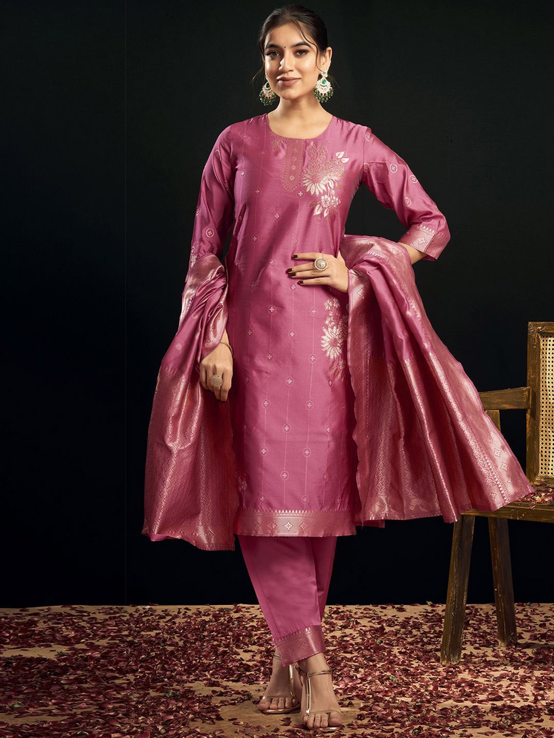

KALINI Floral Woven Design Round Neck Straight Kurta With Trousers & Dupatta, Pink