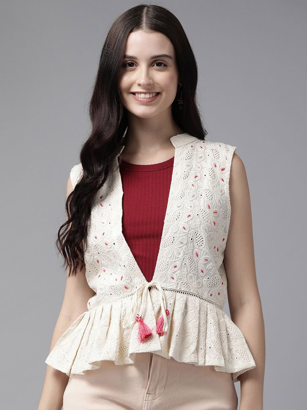 

BAESD Womens Chikan Embroidered Cotton Casual Jacket, Cream
