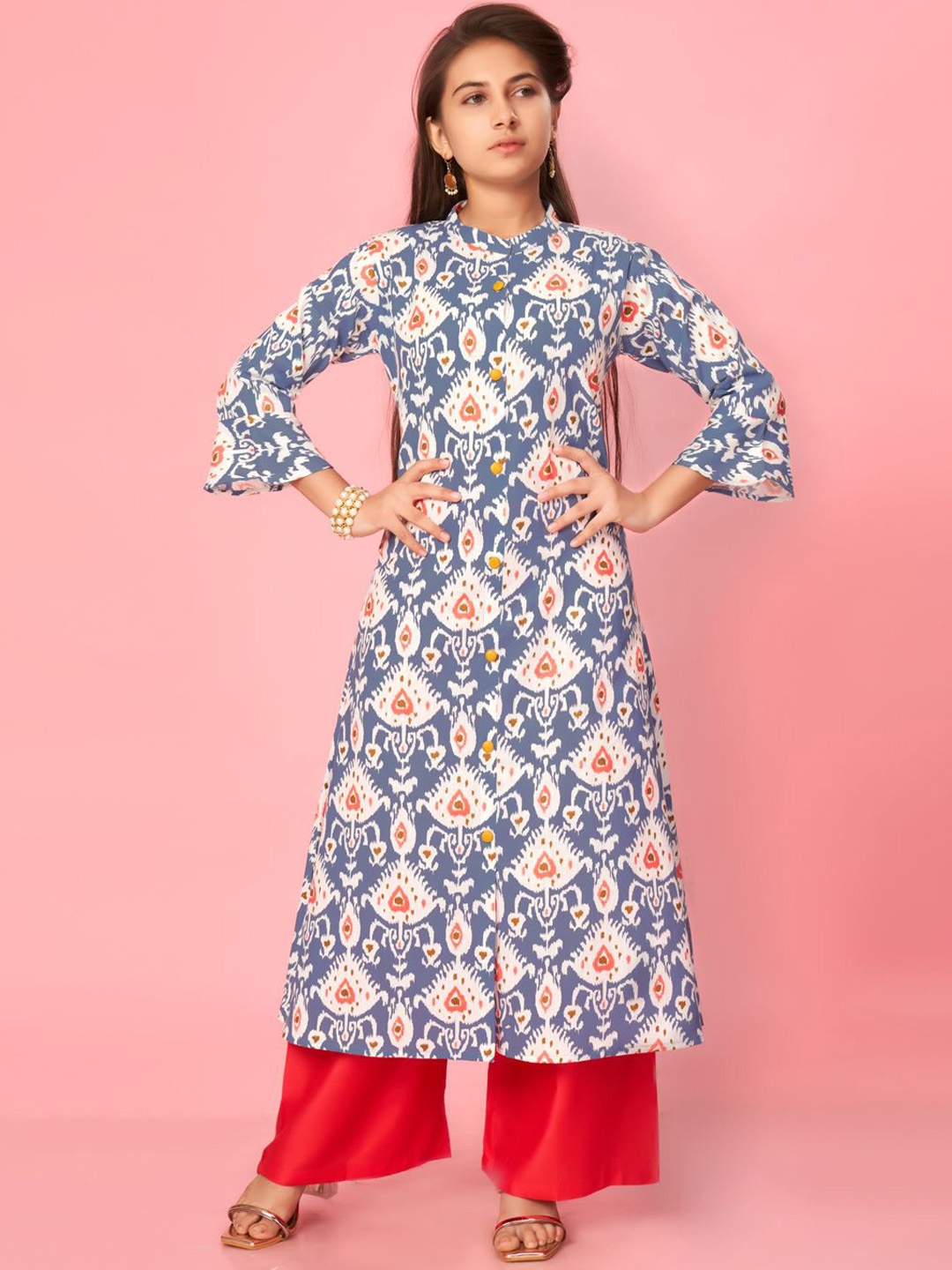 

BAESD Girls Floral Printed Mandarin Collar Cotton A-Line Kurta, Blue