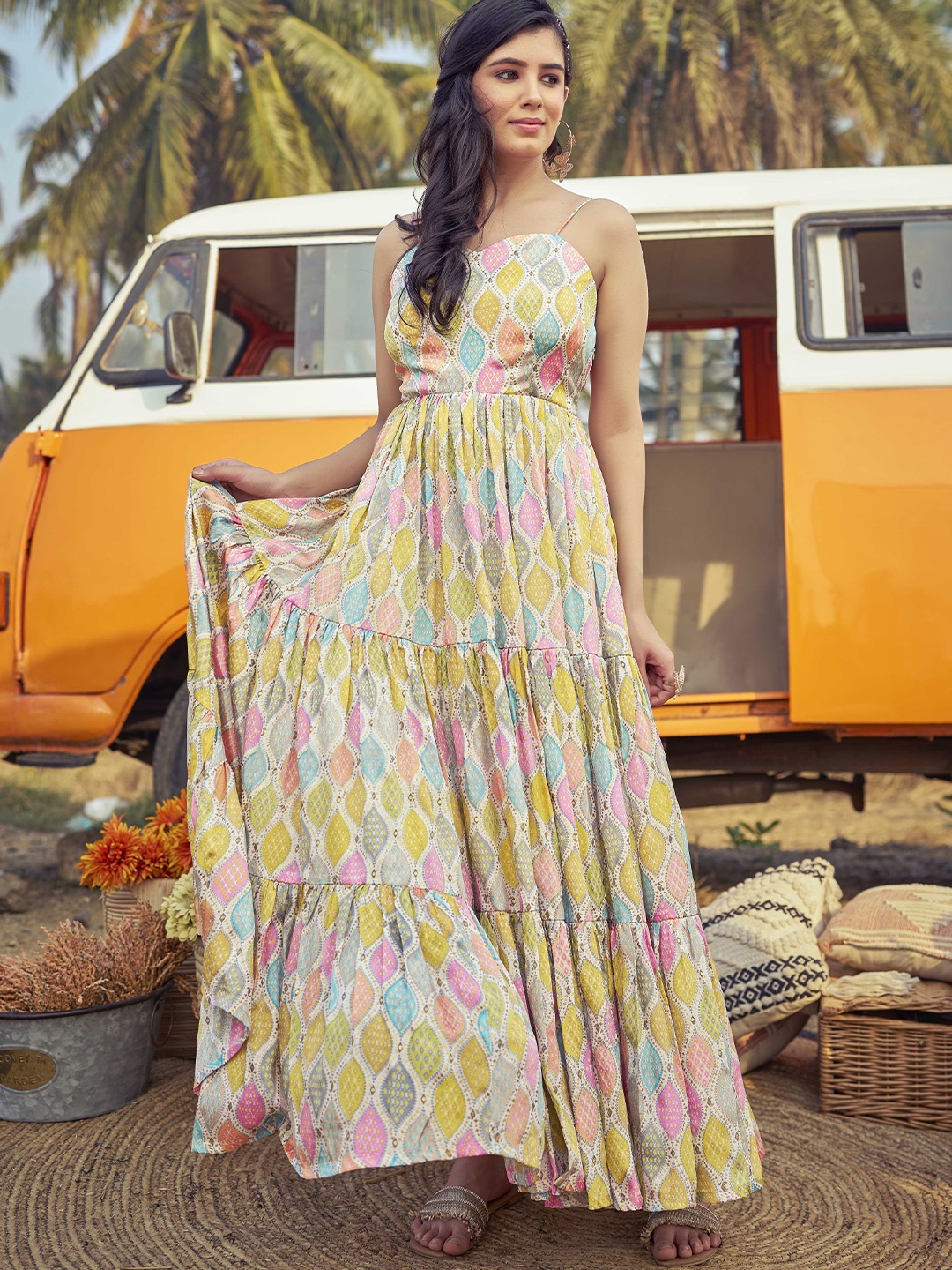 

CHANSI Shoulder Straps Printed Empire Maxi Dress, Yellow